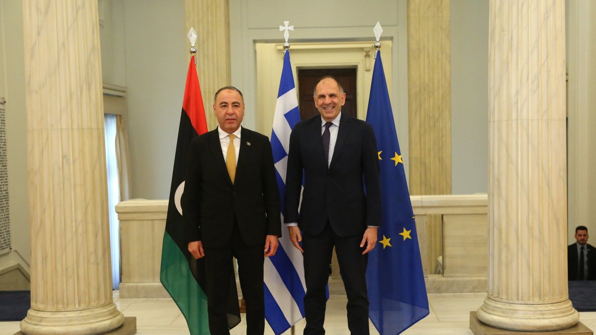 Greek Foreign Minister Giorgos Gerapetritis (R) welcomes his Libyan counterpart Taher Salem Al Baour (L) during their meeting in Athens, Greece, Sept. 17, 2025. (EPA Photo)