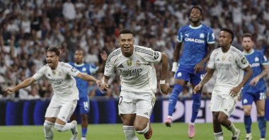 Real Madrid&#039;s Kylian Mbappe celebrates scoring the 2-1 goal during the UEFA Champions League match against Marseille, Madrid, Spain, Sept. 16, 2025. (EPA Photo)