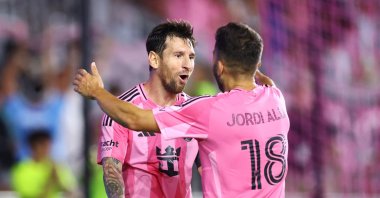 Inter Miami&#039;s Lionel Messi (L) celebrates after scoring the team&#039;s second goal with teammate Jordi Alba during the MLS match against Seattle Sounders at Chase Stadium, Fort Lauderdale, U.S., Sept. 16, 2025. (AFP Photo)