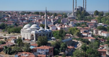 An aerial view of Muradiye Mevlevihanesi (L) in Edirne, northwestern Türkiye, Sept. 17, 2025. (AA Photo)