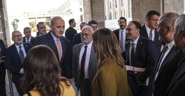 Parliament Speaker Numan Kurtulmuş speaks to Peoples&#039; Equality and Democracy Party (DEM Party) lawmakers before the start of the committee&#039;s session, Ankara, Türkiye, Sept. 17, 2025. (AA Photo)