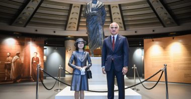 Princess Akiko of Japan and Culture and Tourism Minister Mehmet Nuri Ersoy pose together in front of the statue of Roman Emperor Marcus Aurelius in Ankara, Türkiye, Sept. 17, 2025. (DHA Photo)