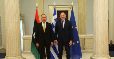 Greek Foreign Minister Giorgos Gerapetritis (R) welcomes his Libyan counterpart Taher Salem Al Baour (L) during their meeting in Athens, Greece, Sept. 17, 2025. (EPA Photo)