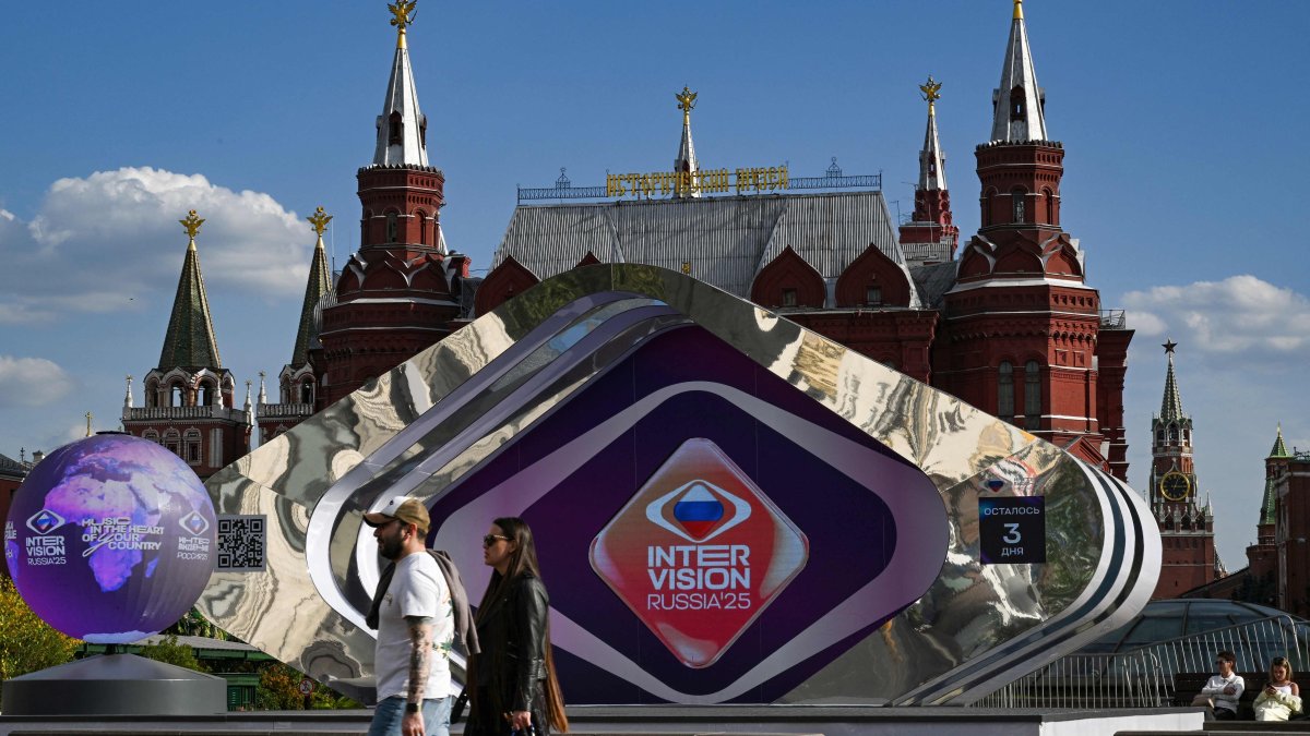 The Intervision Song Contest countdown clock sits on the central Manezhnaya Square outside the Kremlin in Moscow, Russia, Sept. 17, 2025. (AFP Photo)