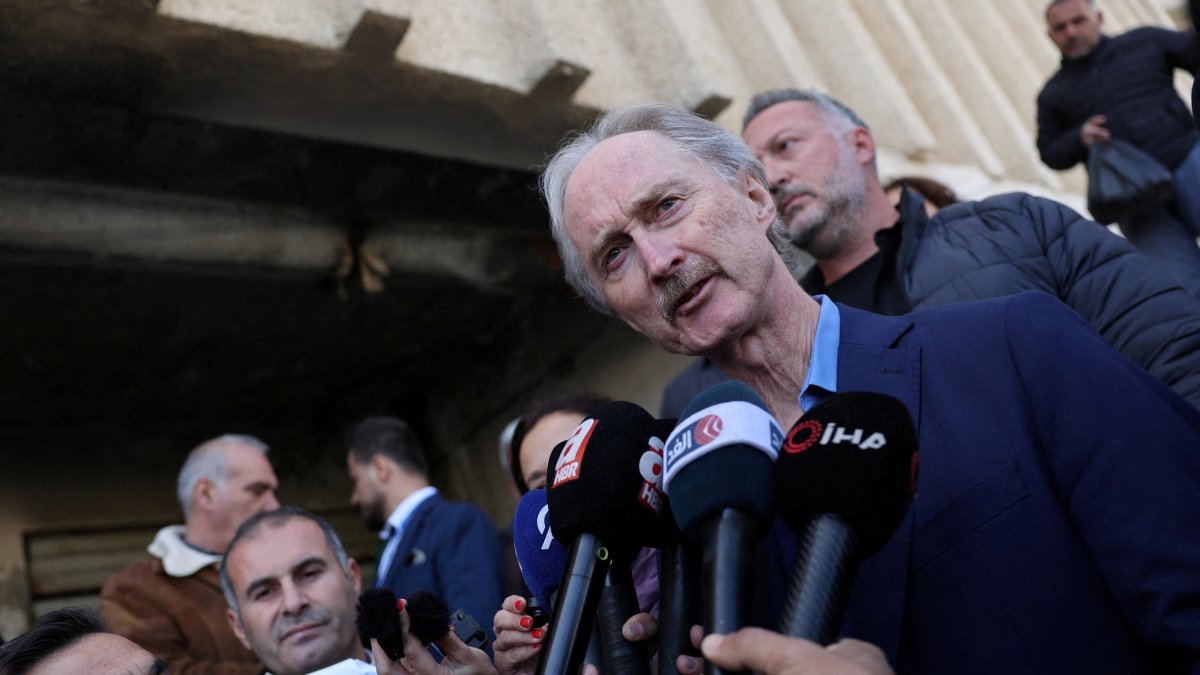 Geir Pedersen, U.N.&#039;s special envoy to Syria, speaks to the members of the media during his visit to Sednaya prison, which was known as a slaughterhouse under the Bashar Assad regime, in Sednaya, Syria, Dec. 16, 2024. (Reuters Photo)