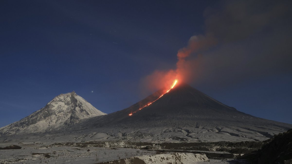 The Klyuchevskoy volcano, one of the highest active volcanoes in the world, erupts in Russia&#039;s northern Kamchatka Peninsula, Russian Far East, Oct. 28, 2023. (AP File Photo)