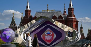 The Intervision Song Contest countdown clock sits on the central Manezhnaya Square outside the Kremlin in Moscow, Russia, Sept. 17, 2025. (AFP Photo)
