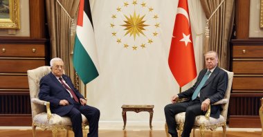 Palestinian President Mahmud Abbas (L) is received by President Recep Tayyip Erdoğan, Ankara, Türkiye, Sept. 18, 2025. (AFP Photo)