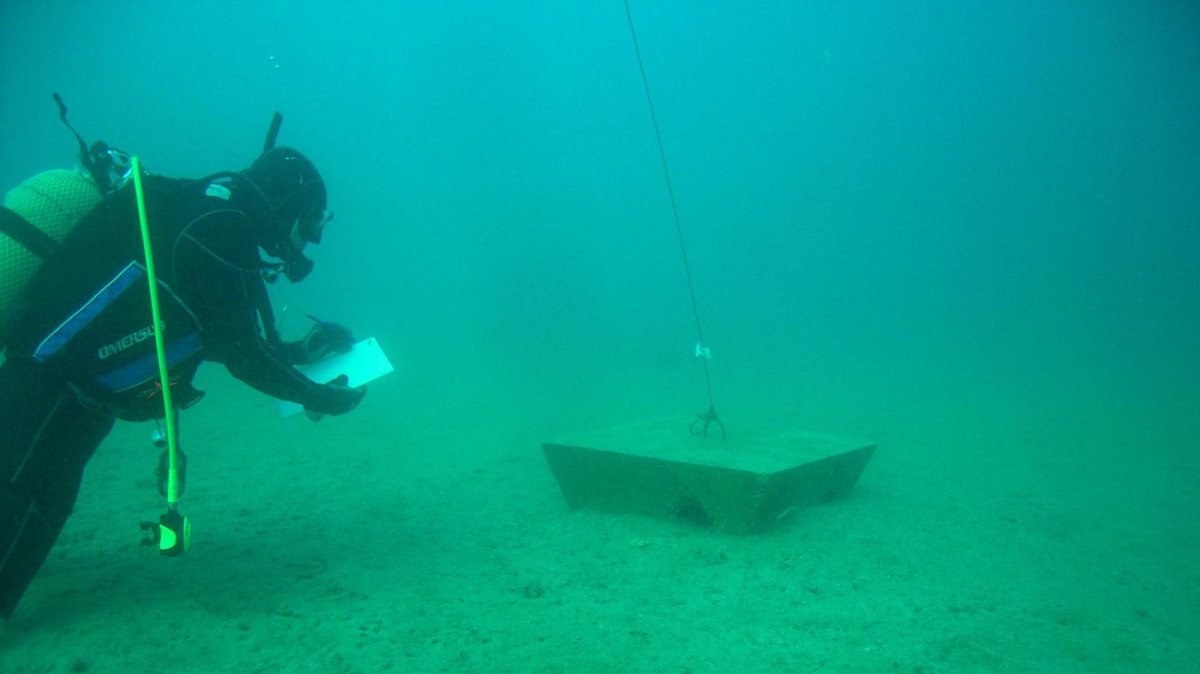 Divers and crane vessels install artificial reef blocks to create new shelters for octopuses, Izmir, Türkiye, Sept. 19, 2025. (DHA Photo)