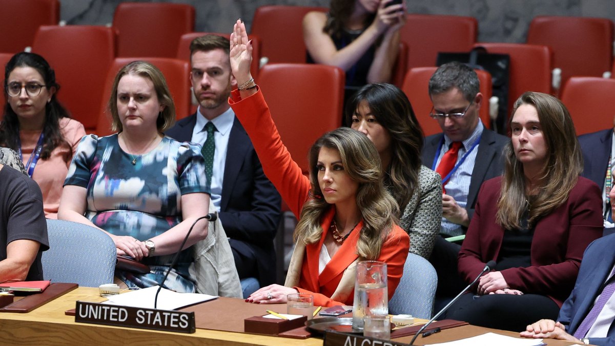 U.S. deputy Middle East envoy Morgan Ortagus (C) raises her hand to veto a draft resolution during a United Nations Security Council meeting on the situation in Gaza, at UN headquarters, New York, U.S., Sept. 18, 2025. (AFP Photo)