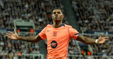 Barcelona&#039;s Marcus Rashford celebrates after scoring his second goal during the UEFA Champions League league phase match against Newcastle United, Newcastle, U.K., Sept. 18, 2025. (EPA Photo)