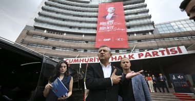 Republican People’s Party (CHP) Chair Özgür Özel (C) speaks to reporters outside the party’s headquarters, Ankara, Türkiye, Sept. 6, 2025. (AA Photo)