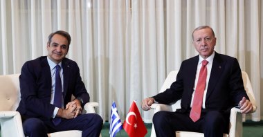 President Recep Tayyip Erdoğan meets with Greek Prime Minister Kyriakos Mitsotakis on the sidelines of the &quot;Summit of the Future&quot; at U.N. headquarters, New York, U.S., Sept. 24, 2024. (Reuters Photo)