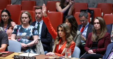 U.S. deputy Middle East envoy Morgan Ortagus (C) raises her hand to veto a draft resolution during a United Nations Security Council meeting on the situation in Gaza, at UN headquarters, New York, U.S., Sept. 18, 2025. (AFP Photo)