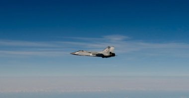 A Russian MIG-31 fighter jet flying above the Baltic sea after violating Estonian airspace, in this handout image released by the Swedish Airforce, Sept. 19, 2025. (AFP via Handout)