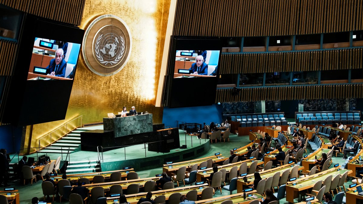 Riyad H. Mansour, Palestinian permanent observer to the United Nations, is seen on screen as he addresses delegates after the United Nations General Assembly vote on the &quot;Question of Palestine and the Implementation of the Two-State Solution,&quot; at U.N. headquarters, New York City, U.S., Sept. 12, 2025. (Reuters Photo)