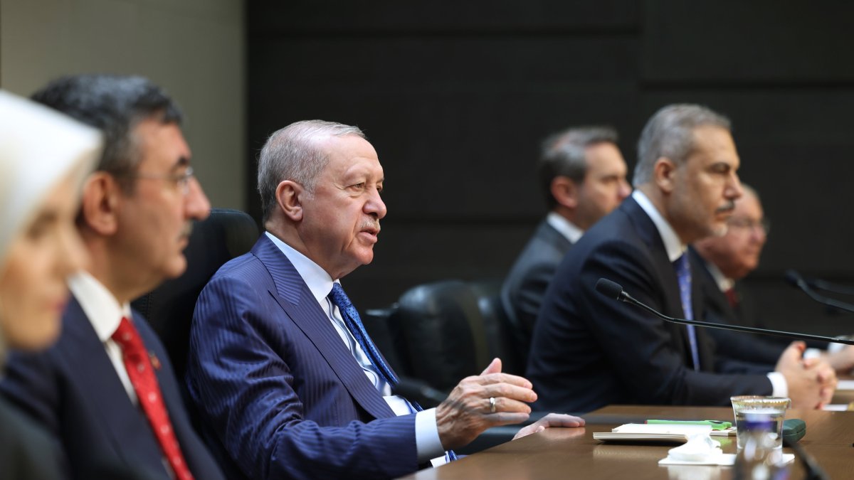 President Recep Tayyip Erdoğan speaks at the news conference before his departure for the U.S., Istanbul, Türkiye, Sept. 21, 2025. (AA Photo)