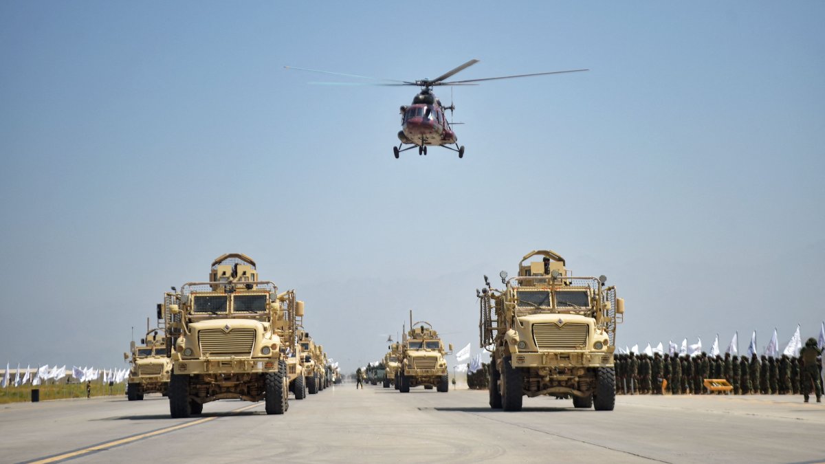 Taliban military vehicles parade to celebrate the third anniversary of Taliban&#039;s takeover of Afghanistan, at the Bagram Air Base, in Bagram, Parwan province, Afghanistan, Aug. 14, 2024. (AFP Photo)