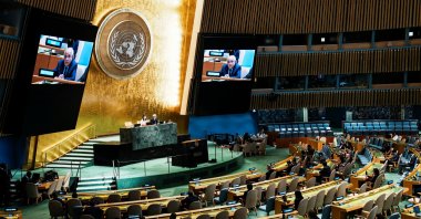 Riyad H. Mansour, Palestinian permanent observer to the United Nations, is seen on screen as he addresses delegates after the United Nations General Assembly vote on the &quot;Question of Palestine and the Implementation of the Two-State Solution,&quot; at U.N. headquarters, New York City, U.S., Sept. 12, 2025. (Reuters Photo)