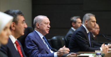 President Recep Tayyip Erdoğan speaks at the news conference before his departure for the U.S., Istanbul, Türkiye, Sept. 21, 2025. (AA Photo)