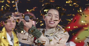 Duc Phuc of Vietnam celebrates winning the music contest Intervision in Moscow, Russia, Sept. 20, 2025. (EPA Photo)