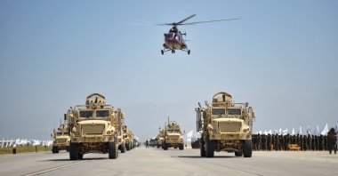Taliban military vehicles parade to celebrate the third anniversary of Taliban&#039;s takeover of Afghanistan, at the Bagram Air Base, in Bagram, Parwan province, Afghanistan, Aug. 14, 2024. (AFP Photo)