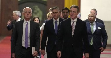 Members of a U.S. delegation arrive for a meeting with Chinese Premier Li Qiang at the Great Hall of the People in Beijing, China, Sept. 21, 2025. (EPA Photo)