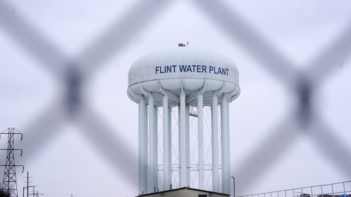 The Flint water plant tower, Flint, Michigan, U.S., Jan. 6, 2022. (AP Photo)