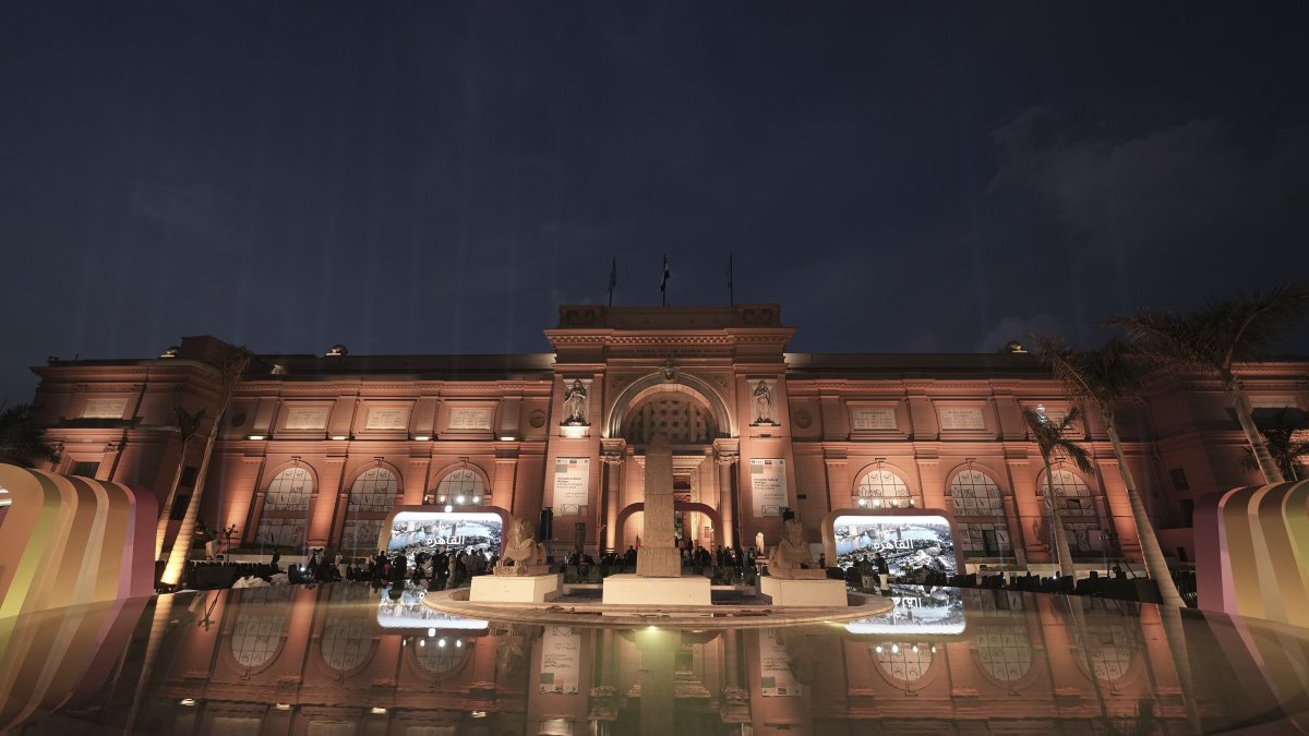 The Egyptian Museum in Cairo is illuminated, marking the &quot;Launching of the Interactive Mobile Application to Promote Egyptian Antiquities&quot; project, Cairo, Egypt, Nov. 11, 2024. (AP Photo)