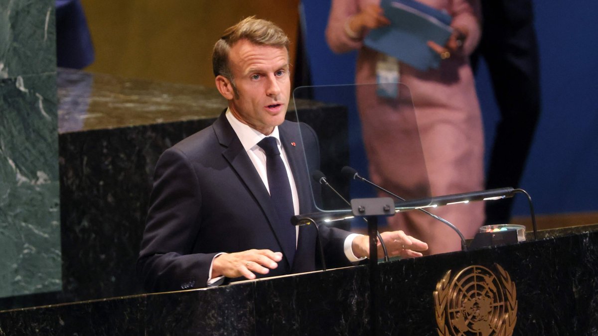 French President Emmanuel Macron speaks at a United Nations (UN) General Assembly meeting being organized by France and Saudi Arabia in support of a two-state solution between Palestine and Israel, New York, Sept. 22, 2025. (AFP Photo)