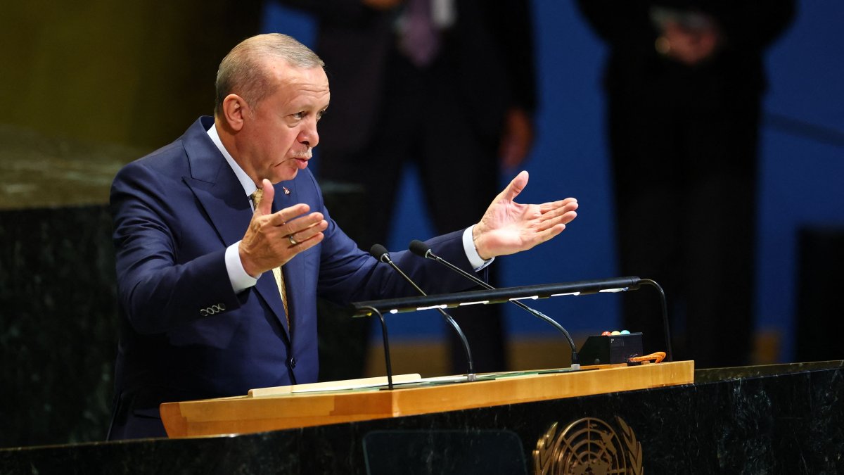President Recep Tayyip Erdoğan speaks during a United Nations Summit on Palestinians at U.N. headquarters during the United Nations General Assembly (UNGA) in New York, Sept. 22, 2025. (AFP Photo)