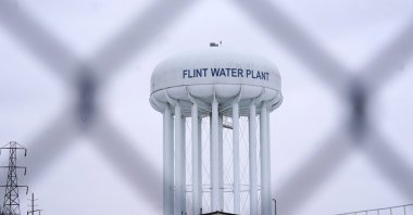 The Flint water plant tower, Flint, Michigan, U.S., Jan. 6, 2022. (AP Photo)