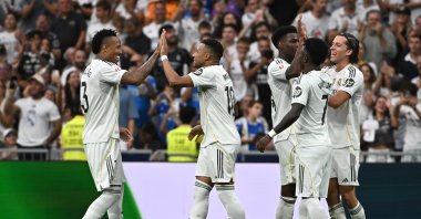 Real Madrid&#039;s Kylian Mbappe (2nd L) celebrates with his teammates after scoring the 2-0 goal during the Spanish La Liga match against Espanyol, Madrid, Spain, Sept. 20, 2025. (EPA Photo)