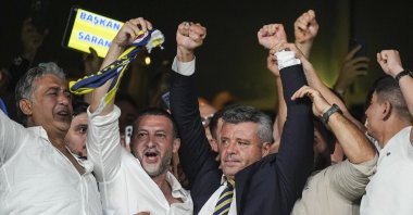 Fenerbahçe&#039;s new president, Sadettin Saran (R) celebrates after being elected as the 38th president, Istanbul, Türkiye, Sept. 21, 2025. (AA Photo)