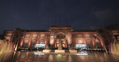 The Egyptian Museum in Cairo is illuminated, marking the &quot;Launching of the Interactive Mobile Application to Promote Egyptian Antiquities&quot; project, Cairo, Egypt, Nov. 11, 2024. (AP Photo)