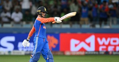 India&#039;s Abhishek Sharma celebrates after scoring a half-century (50 runs) during the Asia Cup 2025 Super Four Twenty20 international cricket match between India and Pakistan at the Dubai International Stadium, Dubai, UAE, Sept. 21, 2025. (AFP Photo)