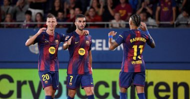 Barcelona&#039;s Ferran Torres (C) celebrates scoring his team&#039;s second goal during the La Liga match against Getafe at Johan Cruyff Stadium, Barcelona, Spain, Sept. 21, 2025. (AFP Photo)