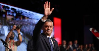CHP leader Özgür Özel greets supporters during an intraparty election, Ankara, Türkiye, Sept. 21, 2025. (DHA Photo)