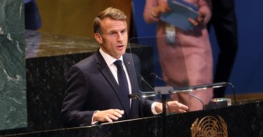 French President Emmanuel Macron speaks at a United Nations (UN) General Assembly meeting being organized by France and Saudi Arabia in support of a two-state solution between Palestine and Israel, New York, Sept. 22, 2025. (AFP Photo)
