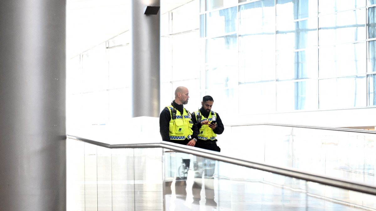 Security officers are seen at the Copenhagen Airport in Copenhagen, Denmark, Sept. 23, 2025. (AFP Photo)