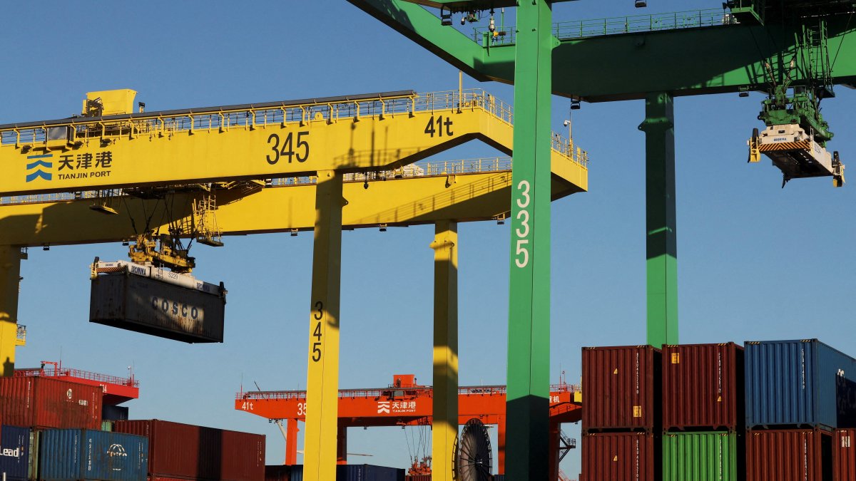 A gantry crane lifts a container at a port, Tianjin, China, Feb. 8, 2025. (Reuters Photo)
