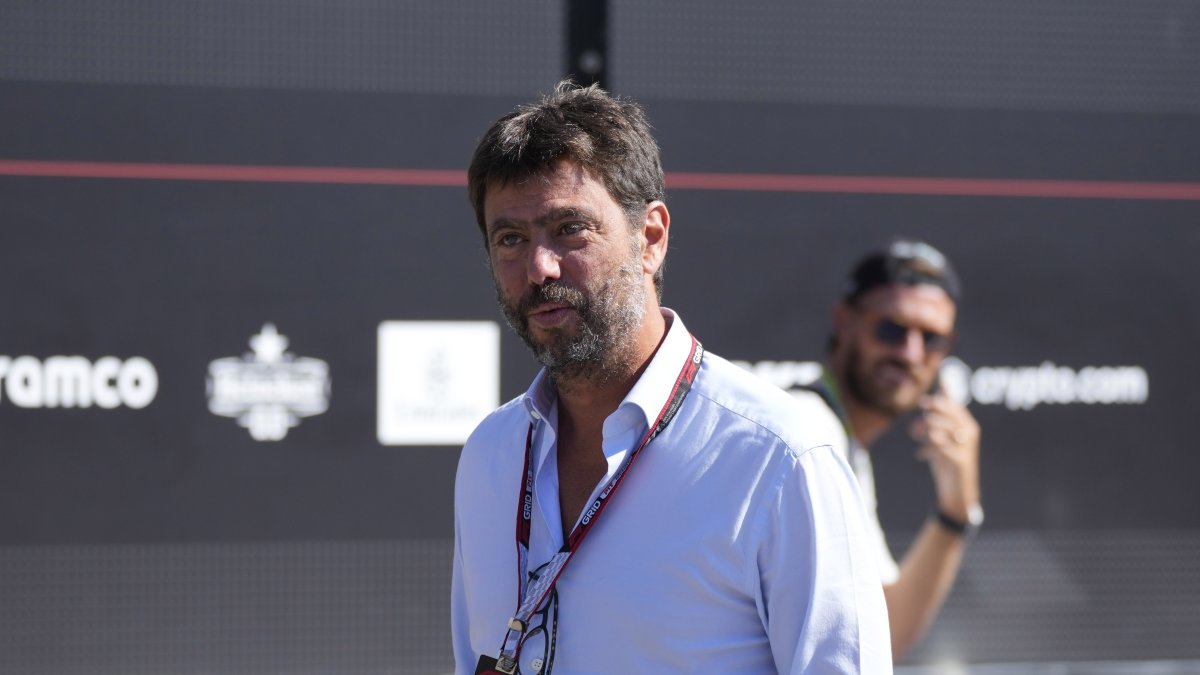 Juventus president Andrea Agnelli arrives prior to the start of the third free practice at the Monza racetrack, Monza, Italy, Sept. 10, 2022. (AP Photo)