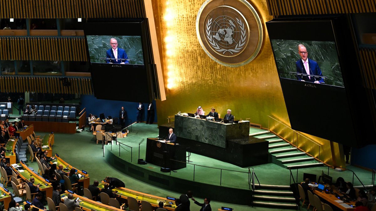 Australian Prime Minister Anthony Albanese addresses the High-Level International Conference for the Peaceful Settlement of the Question of Palestine and the Implementation of the Two-State Solution, at the United Nations (UN) headquarters in New York, Sept. 22, 2025. (EPA Photo)
