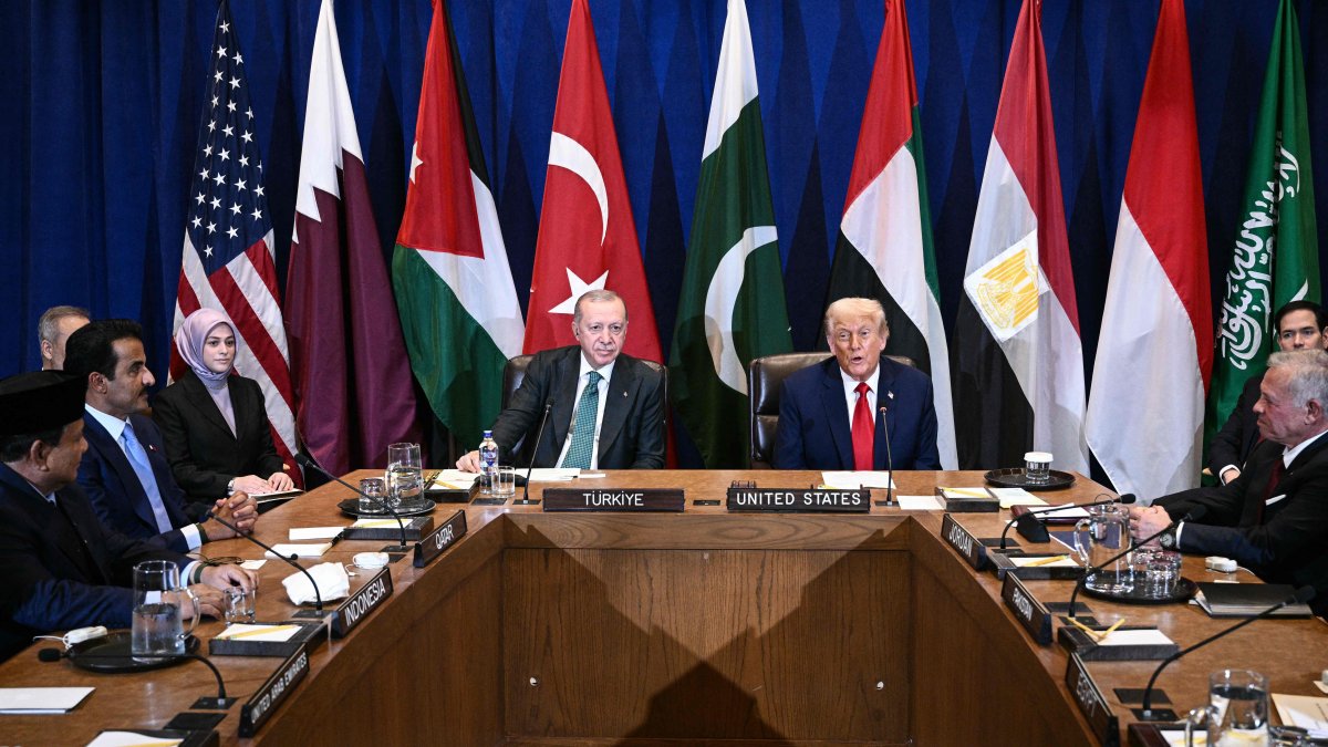 U.S. President Donald Trump, alongside President Recep Tayyip Erdoğan, speaks during a multilateral meeting to discuss the situation in Gaza, on the sidelines of the United Nations General Assembly in New York City, Sept. 23, 2025. (AFP Photo)