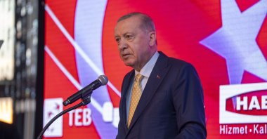 President Recep Tayyip Erdoğan speaks at a meeting at Rockefeller Center, New York, U.S., Sept. 22, 2025. (AA Photo)
