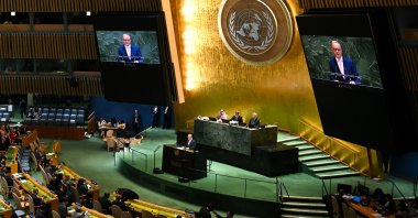 Australian Prime Minister Anthony Albanese addresses the High-Level International Conference for the Peaceful Settlement of the Question of Palestine and the Implementation of the Two-State Solution, at the United Nations (UN) headquarters in New York, Sept. 22, 2025. (EPA Photo)