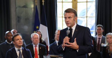 French President Emmanuel Macron speaks to students during an event about the LaFayette scholarship program, in New York City, Sept. 23, 2025. (AFP Photo)