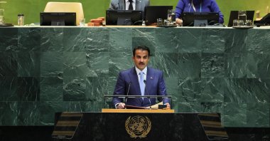 Emir of Qatar Tamim bin Hamad al Thani speaks during the United Nations General Assembly (UNGA) at the United Nations headquarters, Sept. 23, 2025. (AFP Photo)