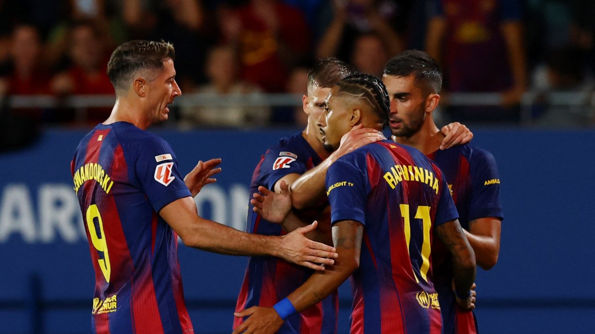 Barcelona players celebrate during the LaLiga match against Getafe at the Johan Cruyff Stadium, Barcelona, Spain, Sept. 21, 2025. (Reuters Photo)