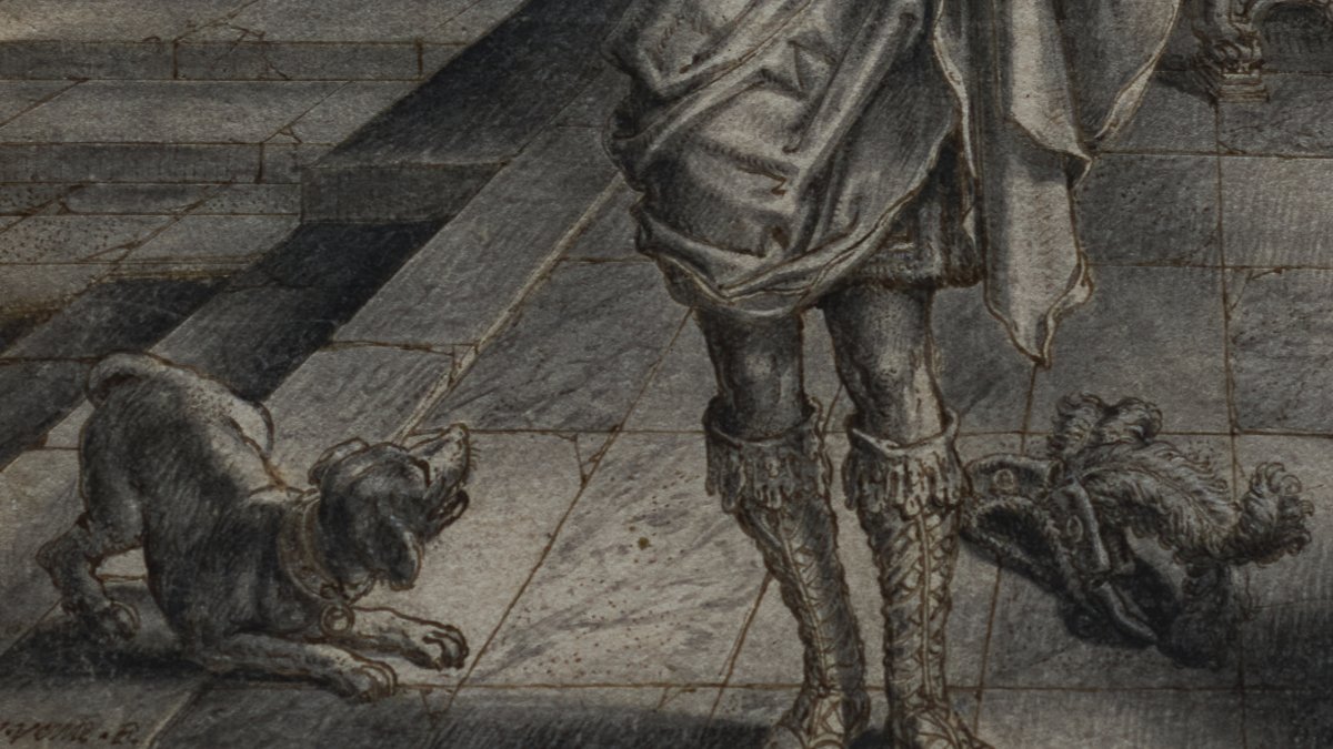 Detail of the 17th-century drawing by Dutch artist Adriaen van de Venne, which inspired Rembrandt when painting a dog in the &quot;Night Watch,&quot; is shown on an easel at the Rijksmuseum, Amsterdam, Netherlands, Sept. 23, 2025. (AP Photo)